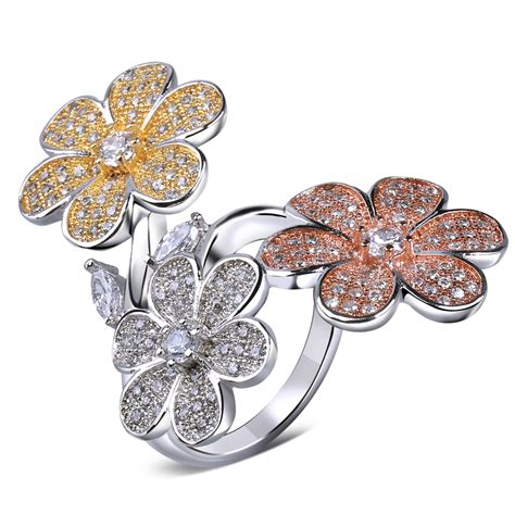 Cubic Zircon Flower Rings For Women With 18k Gold Plate And White Gold