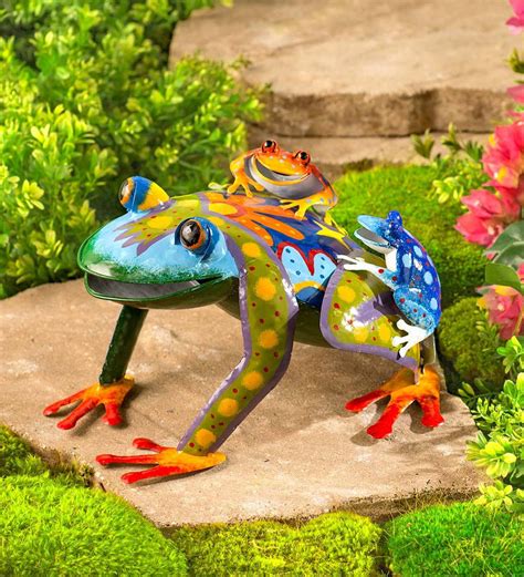 Metal Mama And Baby Frogs Colorful Metal Garden Sculpture