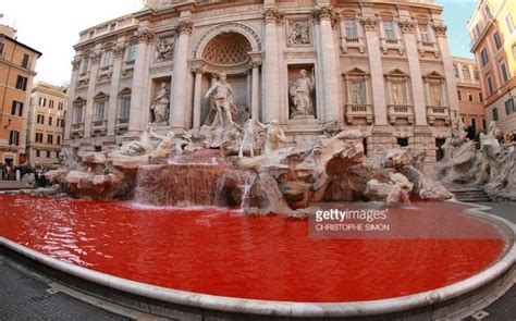 Trevi Fountain In Rome Dyed In Red Color This Is Italy
