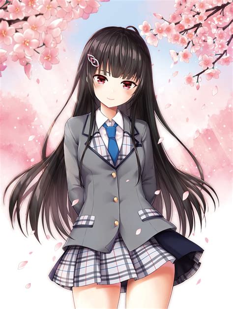 Anime Girl Wink Cherry Blossom Cute School Uniform An