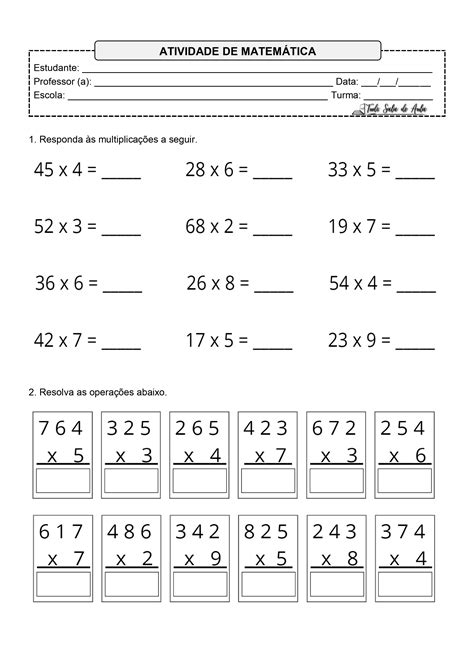 Atividades De Multiplicação 4 Ano Com Gabarito