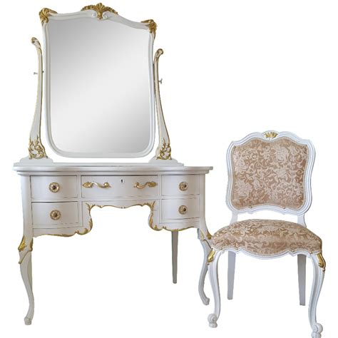 Pick up kirrawee or bundeena i am sorry but i don't know what wood it is has 2 little. Antique White & Gold Makeup Vanity Mirror & Chair | Chairish