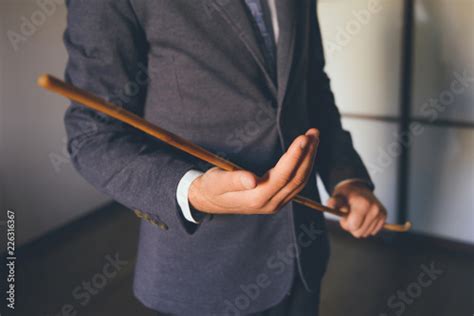 Man With Rattan School Cane Strict Headmaster With Cane Corporal