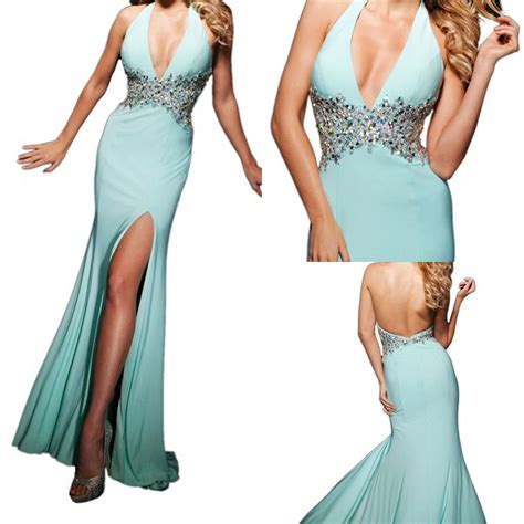 2015 ice blue mermaid prom pageant dresses halter sleeveless sexy side slit backless beaded