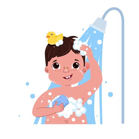 Little Child Boy Character Take A Shower Daily Routine