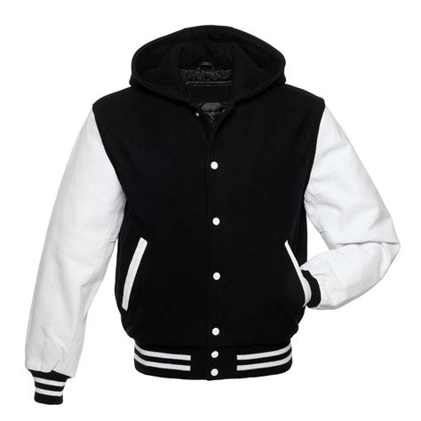 Black Wool With White Real Leather Armsletterman Varsity Hoodie Jackets