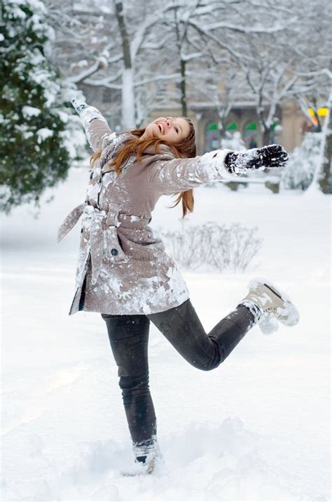 Happy Teenage Girl Dancing In The Snow Stock Image Image Of Beauty