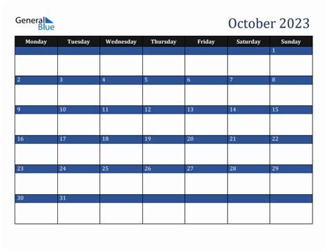 October 2023 Monthly Calendar Templates With Monday Start
