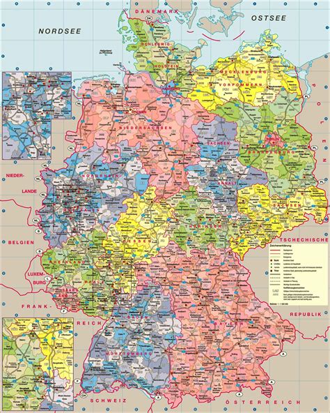 Большая карта Германии с административно территориальным делением и