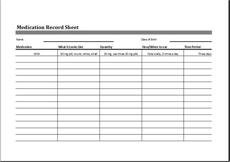Medication Record Sheet Editable Printable Excel Template Printable Images