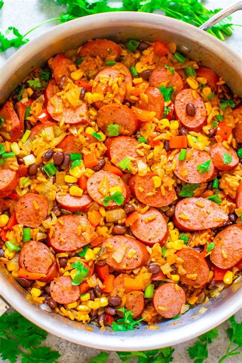 15 Minute Mexican Sausage Black Beans And Rice Skillet Averie Cooks