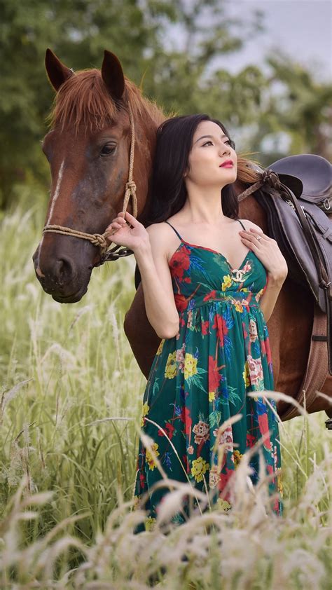 Wallpaper Asian Girl And Brown Horse Skirt Grass Summer 7680x4320