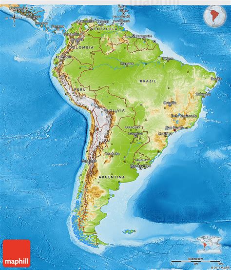 Physical 3d Map Of South America Political Shades Outside Shaded