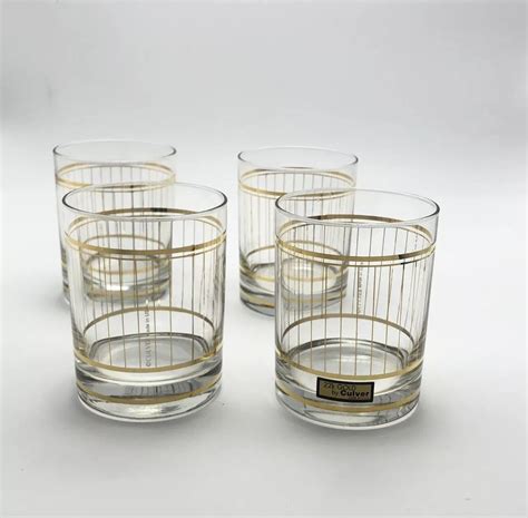 Culver Set Of 4 Gold Stripe Cocktail Glasses Barware Lowball 22k Devon Vtg Culver Gold
