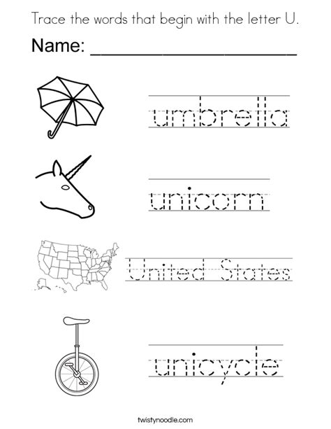 Trace The Words That Begin With The Letter U Coloring Page Letter U