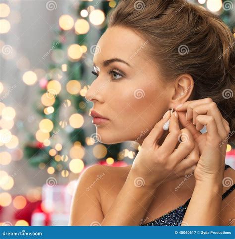Close Up Of Woman Wearing Earrings Stock Image Image Of Earrings