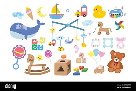 Vector Set Of Kids Toys Clipart Simple Cute Baby Toys Flat Vector