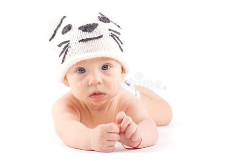 Cute Little Boy In White Diaper And Cat Hat Stock Photo Image Of