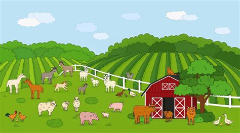 Set Of Cute Outline Vector Cartoon Pet Animals At The Countryside Farm
