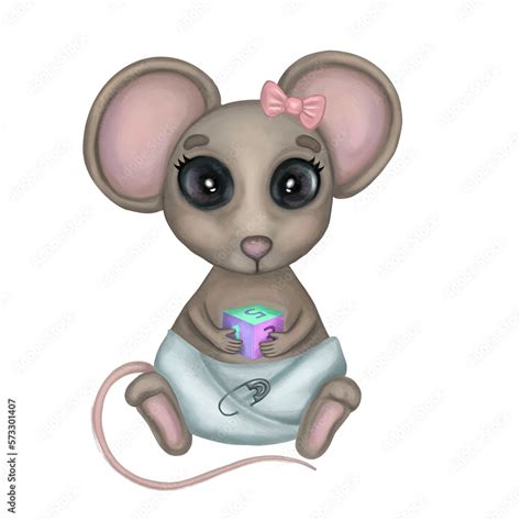 Cute Mouse With Cube Toy Illustration Hand Drawn Watercolor