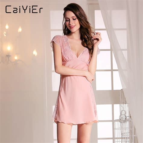 Caiyier 2018 Sexy Nightgown Summer Elegant Women Silk Slip Pink Black