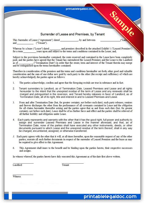 Free Printable Surrender Of Lease And Premises By Tenant Form Generic