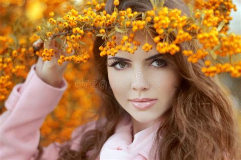 Beautiful Smiling Young Woman Over Autumn Yellow Park Beauty Po Stock
