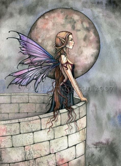 A Fairy Sitting On Top Of A Brick Wall Next To A Full Moon With Wings
