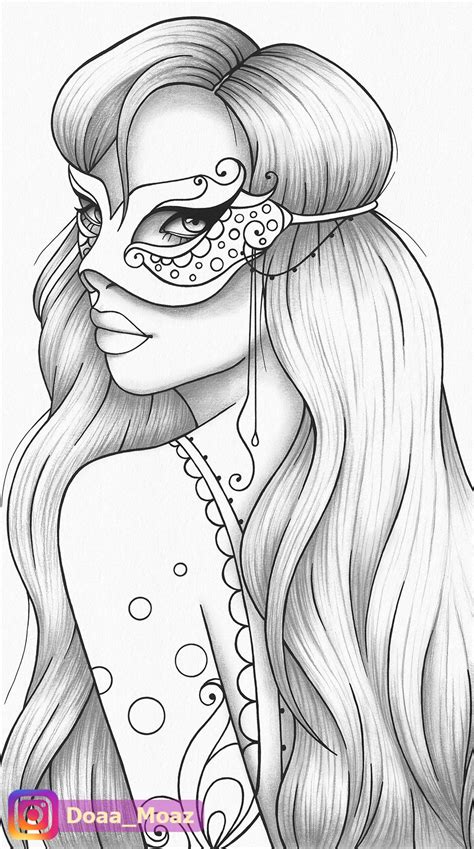 Printable Coloring Page Girl Portrait And Mask Colouring