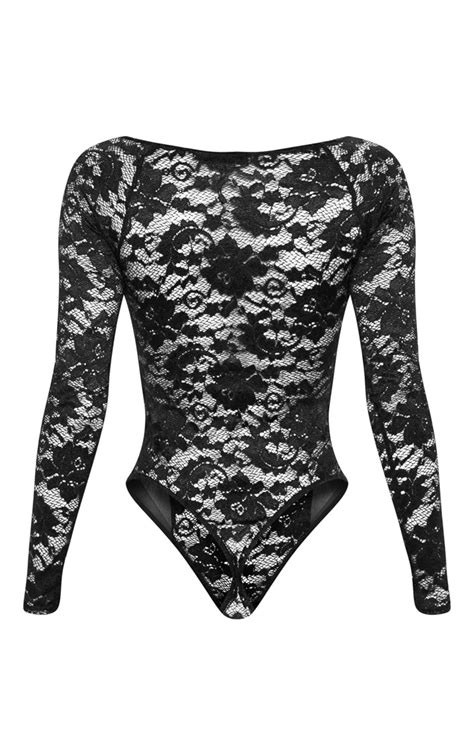 Black Lace Mesh Long Sleeve Bodysuit Tops Prettylittlething