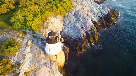 Drone Aerial Of Castle Hill At Sunset Newport Rhode Island Usa