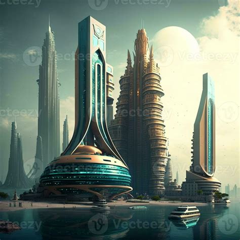 Futuristic City With A Futuristic Water Tower And A Boat In The Water