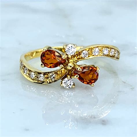 Vintage Citrine And Diamond Ring In K Yellow Gold French Estate Jewelry November Birthstone