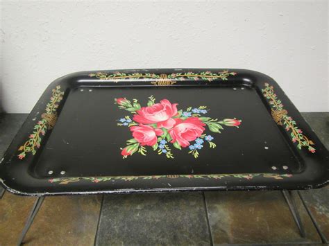 Vintage Metal Tv Lap Tray With Folding Legs Floral Design