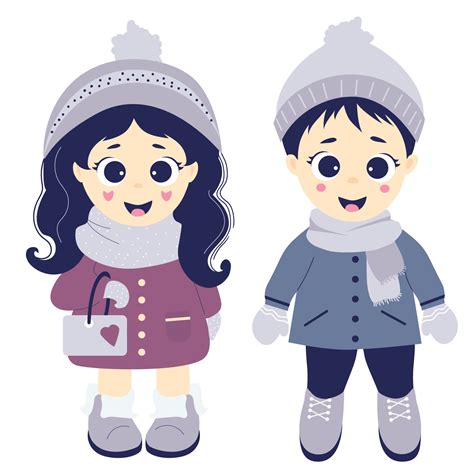 Kids Winter Boy And Girl In Winter Clothes Hat Scarf Coat Gloves