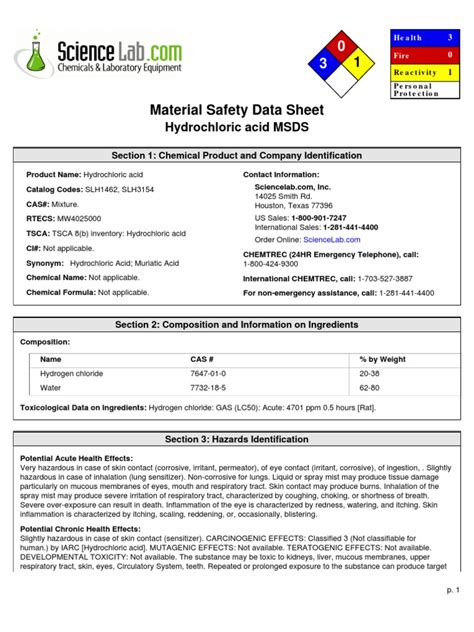 Hydrochloric Acid Msds Section 1 Chemical Product And Company