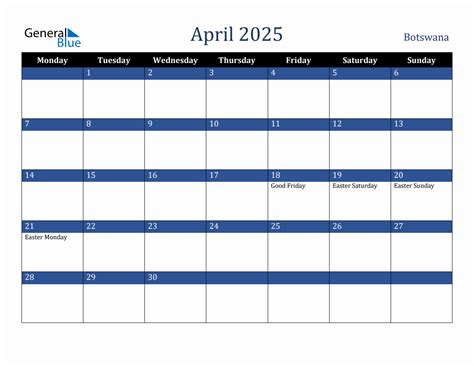 April 2025 Botswana Holiday Calendar