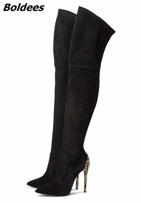 Sexy Pointed Toe Black Suede Slim Fit Long Boots Woman Unique Designer Metal Branch Thin High