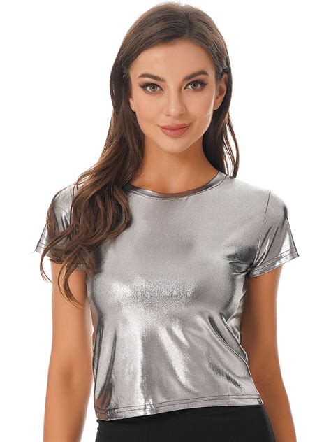 Womens Metallic Short Sleeve Slim Fit Tops Shiny Dance T Shirt Party