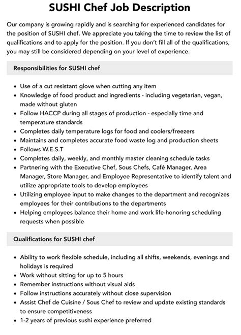 Sushi Chef Job Description Velvet Jobs