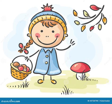 Girl Gathering Mushrooms In The Forest On An Autumn Day Stock Vector