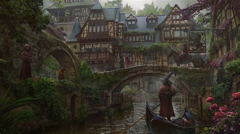 Wallpaper Artwork Fantasy City Town Digital River Boat Medieval