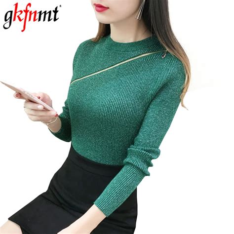Shiny Lurex Women Sweater And Pullover Zipper Long Sleeve Basic