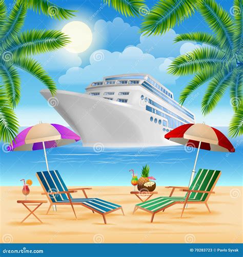Tropical Paradise Cruise Ship Exotic Island With Palm Trees Cartoon