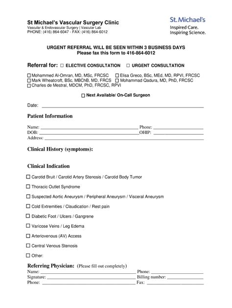 St Michaels Hospital Vascular Surgery Clinic Referral Form Fill And