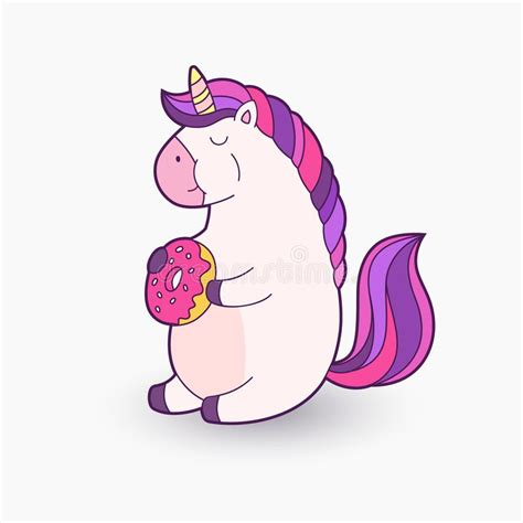 Cute Cartoon Unicorn Vector Illustration Funny Unicorn Eating Donut