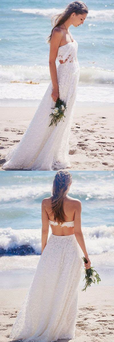 Sweetheart Strapless Lace Long Beach Wedding Dresses White Beach