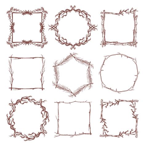 Vintage Rustic Branch Frame Borders Hand Drawn Vector Set By