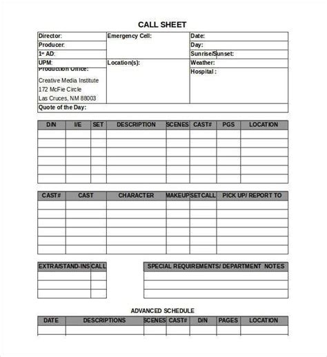 10 Free Call Sheet Templates Printable Word Excel And Pdf Formats