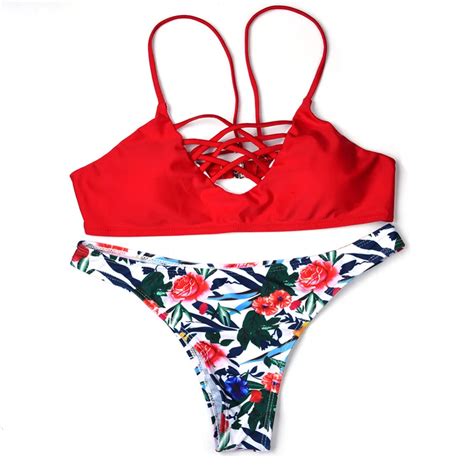 Bikini 2017 Red Bikini Set Padded Print Swimwear Women Swimsuit Hollow Out Bandage Brazilian